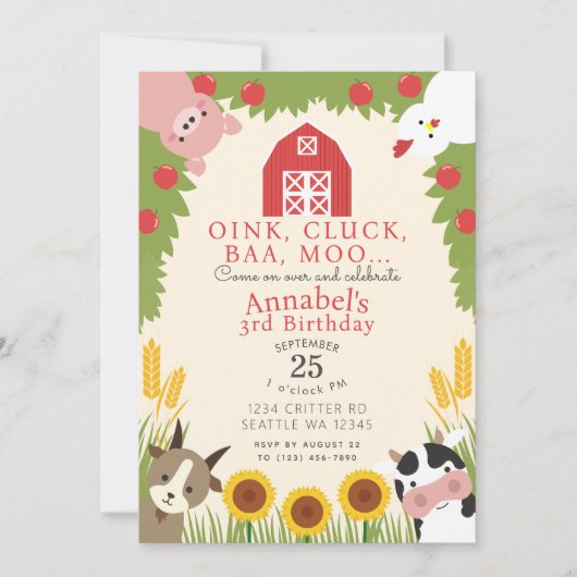 キュートファームアニマルズ子供の誕生日 招待状 (正面)