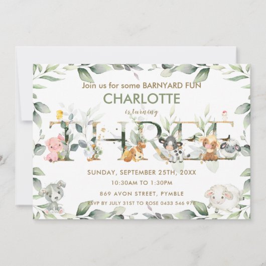 キュートファームアニマルズ納屋周囲の庭グリーンリー3D誕生日 招待状 (正面)