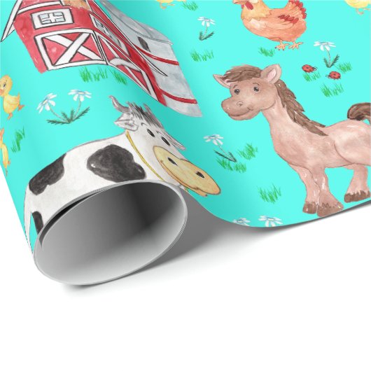 キュートファームアニマルズ納屋周囲の庭ティール(緑がかった色) ラッピングペーパー (ロールコーナー)