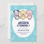 キュートファームアニマルズ納屋周囲の庭パーティー子供の誕生日 招待状 (正面)