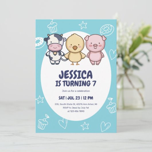 キュートファームアニマルズ納屋周囲の庭パーティー子供の誕生日 招待状 (スタンド正面)