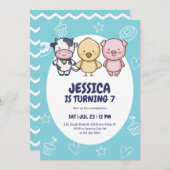 キュートファームアニマルズ納屋周囲の庭パーティー子供の誕生日 招待状 (正面/裏面)