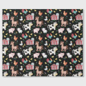 キュートファームアニマルズ納屋周囲の庭ブラック ラッピングペーパー (フラット)