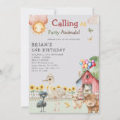 キュートファームアニマルズ納屋周囲の庭牧場バースデーパーティー 招待状 (正面)