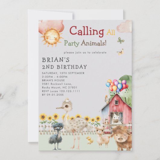 キュートファームアニマルズ納屋周囲の庭牧場バースデーパーティー 招待状 (正面)