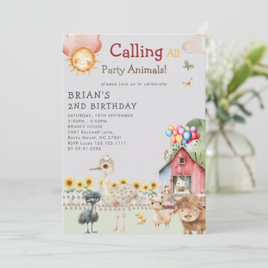 キュートファームアニマルズ納屋周囲の庭牧場バースデーパーティー 招待状 (スタンド正面)