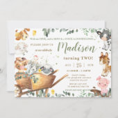 キュートファームアニマルズ納屋周囲の庭緑誕生日 招待状 (正面)