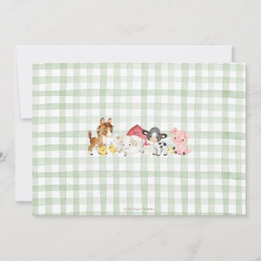 キュートファームアニマルズ納屋周囲の庭緑誕生日 招待状 (裏面)