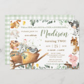 キュートファームアニマルズ納屋周囲の庭緑誕生日 招待状 (正面/裏面)