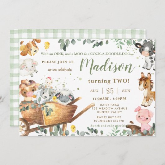 キュートファームアニマルズ納屋周囲の庭緑誕生日 招待状 (正面/裏面)