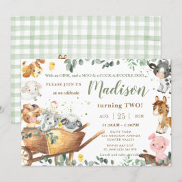 キュートファームアニマルズ納屋周囲の庭緑誕生日 招待状