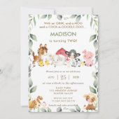キュートファームアニマルズ納屋周囲の庭緑誕生日 招待状 (正面)