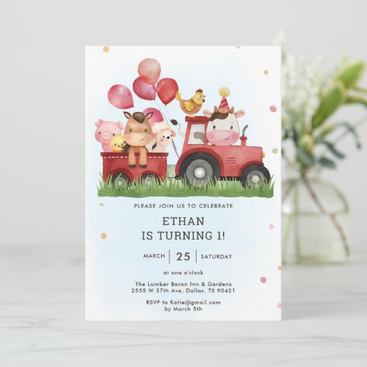 キュートファームアニマルズ納屋周囲の庭1歳パーティー 招待状 (スタンド正面)