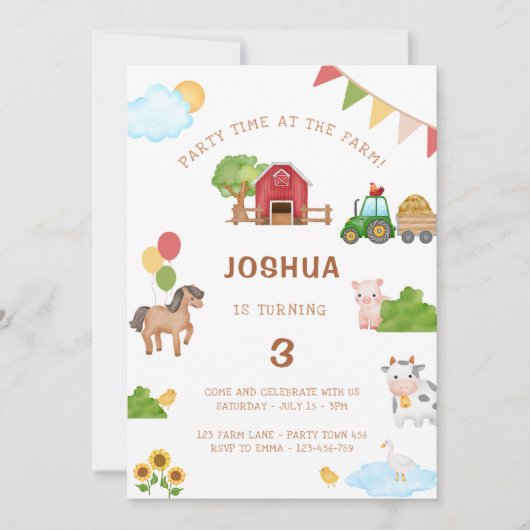 キュートファームアニマルトラクターバーン誕生日招待状 招待状 (正面)
