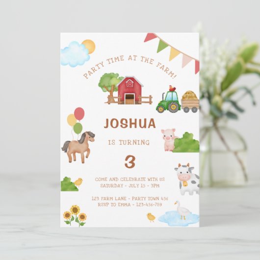 キュートファームアニマルトラクターバーン誕生日招待状 招待状 (スタンド正面)