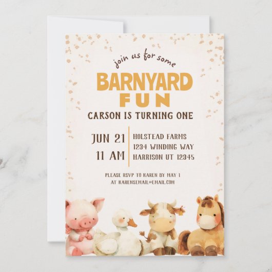 キュートファームアニマル納屋周囲の庭ファースト誕生日 招待状 (正面)