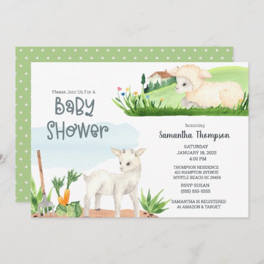 キュートファームラムグリーンボーイズ赤ちゃんシャワー招待状 招待状 (正面/裏面)