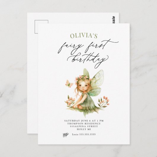 キュートフェアリーファースト誕生日招待状 ポストカード (正面/裏面)