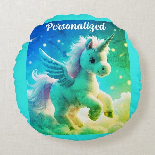 キュートフェアリーベビーユニコーングリーンきらめくファンタジー ラウンドクッション (正面)