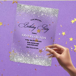 キュートフェイクシルバーグリッターモノグラム誕生日 アクリル招待状