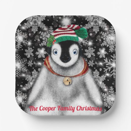 キュートフェスティバルホリデーペンギングリッター雪片 ペーパープレート (正面)