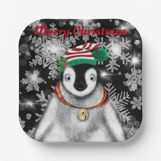 キュートフェスティバルホリデーペンギングリッター雪片 ペーパープレート (正面)