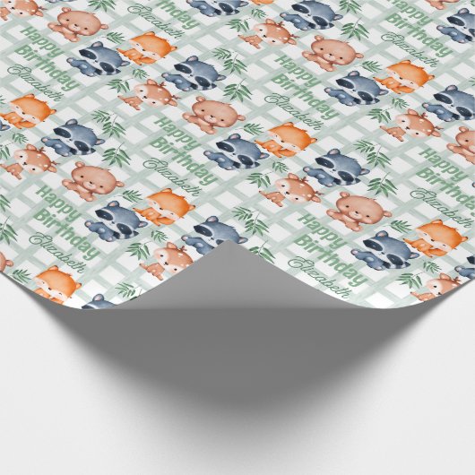 キュートフォレストアニマルミント市松模様に子供の誕生日 ラッピングペーパー (角)