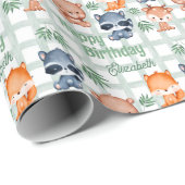 キュートフォレストアニマルミント市松模様に子供の誕生日 ラッピングペーパー (ロールコーナー)