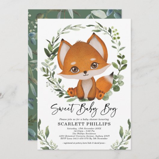 キュートフォレストキツネグリーンリーリース男の赤ちゃんシャワー 招待状 (正面/裏面)