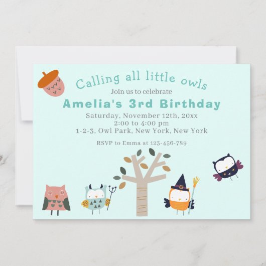 キュートフォレストフクロウ子供の誕生日パーティー 招待状 (正面)