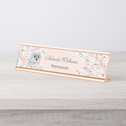 キュートフクロウさくらんぼブラッズバラ金ゴールドグリッター デスクネームプレート (正面)