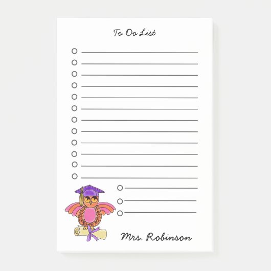 キュートフクロウ卒業証書先生Doリスト白4 x 6 ポストイット (正面)