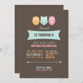 キュートフクロウ漫画誕生日招待状 子供へ 招待状 (正面/裏面)