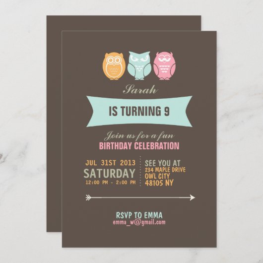 キュートフクロウ漫画誕生日招待状 子供へ 招待状 (正面/裏面)