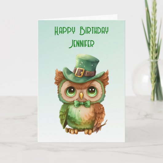 キュートフクロウinグリーントップハット誕生日 カード (正面)