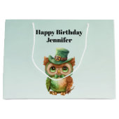 キュートフクロウinグリーントップハット誕生日 ラージペーパーバッグ (正面)