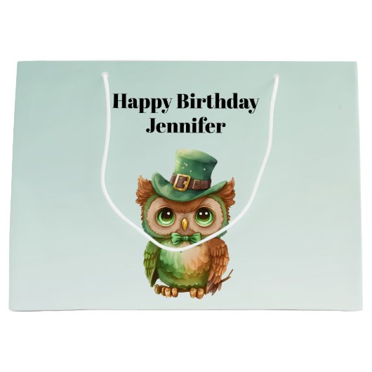 キュートフクロウinグリーントップハット誕生日 ラージペーパーバッグ (正面)