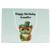 キュートフクロウinグリーントップハット誕生日 ラージペーパーバッグ (裏面)