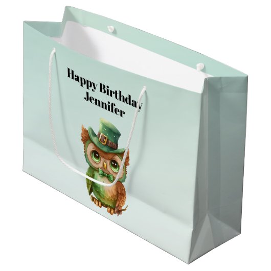 キュートフクロウinグリーントップハット誕生日 ラージペーパーバッグ (正面アングル)