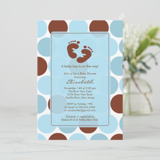 キュートフットプリントボーイベビーシャワー招待状 招待状 (スタンド正面)
