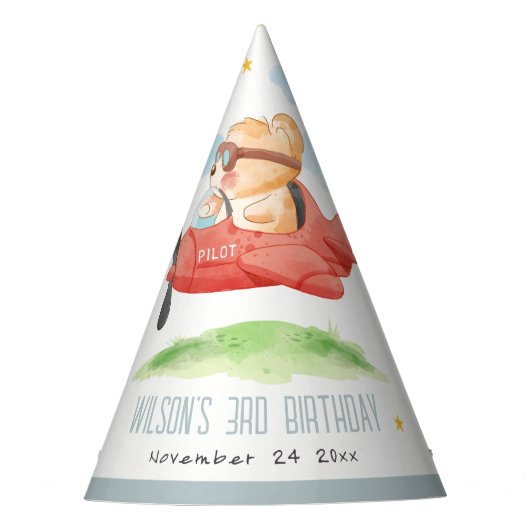 キュートフライオーバーテディベア動物飛行機誕生日 パーティーハット (正面)