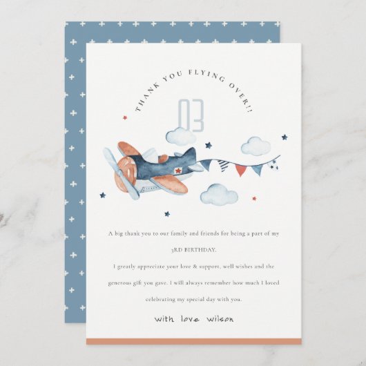 キュートフライオーバーラストネイビー飛行機クラウドスターズ誕生日 サンキューカード (正面/裏面)