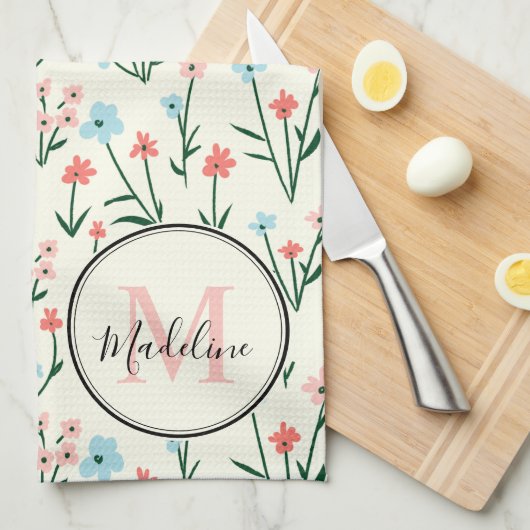 キュートフラワーアイボリー白エレガントピンクモノグラム キッチンタオル (四つ折り)