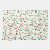 キュートフラワーアイボリー白エレガントピンクモノグラム キッチンタオル (横)