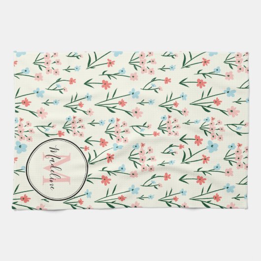 キュートフラワーアイボリー白エレガントピンクモノグラム キッチンタオル (横)