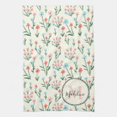 キュートフラワーアイボリー白エレガントピンクモノグラム キッチンタオル (縦)