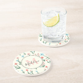 キュートフラワーアイボリー白エレガントピンクモノグラム コースター