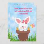 キュートフラワーポットバニー1歳招待状 招待状 (正面/裏面)
