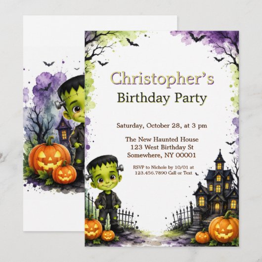 キュートフランケンシュタインボーイハロウィン誕生日パーティー 招待状 (正面/裏面)