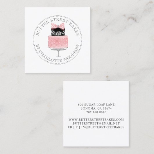 キュートフランスのチョコレートピンクケーキベーカー生地シェフ スクエア名刺 (正面/裏面)